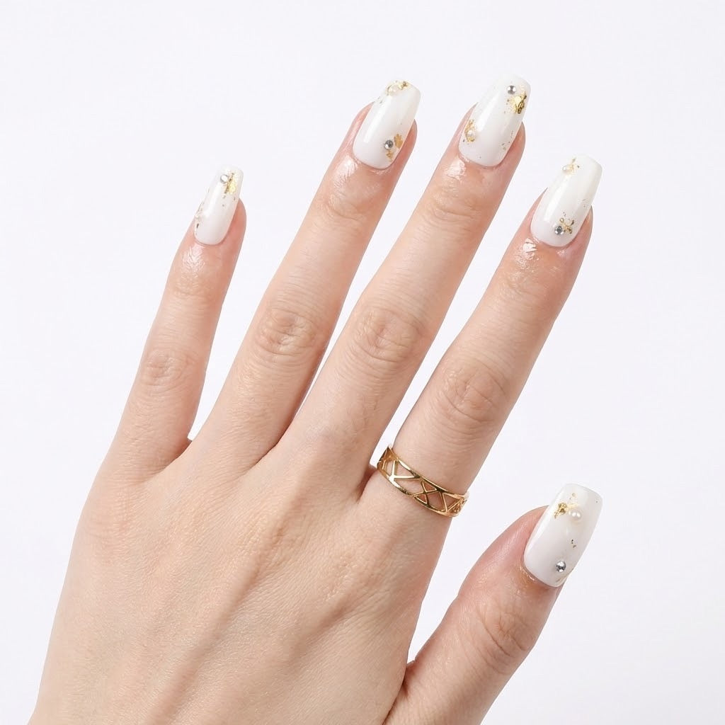 White Gold Elegance Balerină -Unghii false lucrate manual