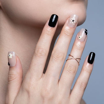 Black Floral Nude pătrat mediu-Unghii false lucrate manual
