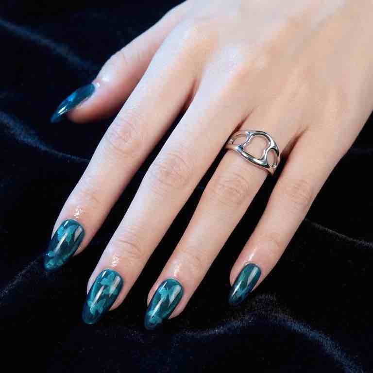 Mystic Green Cat eyes oval mediu/balerină medie-Unghii false lucrate manual