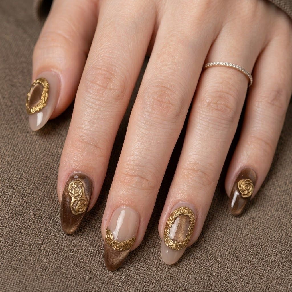 Mocha Gold migdală-Unghii false lucrate manual