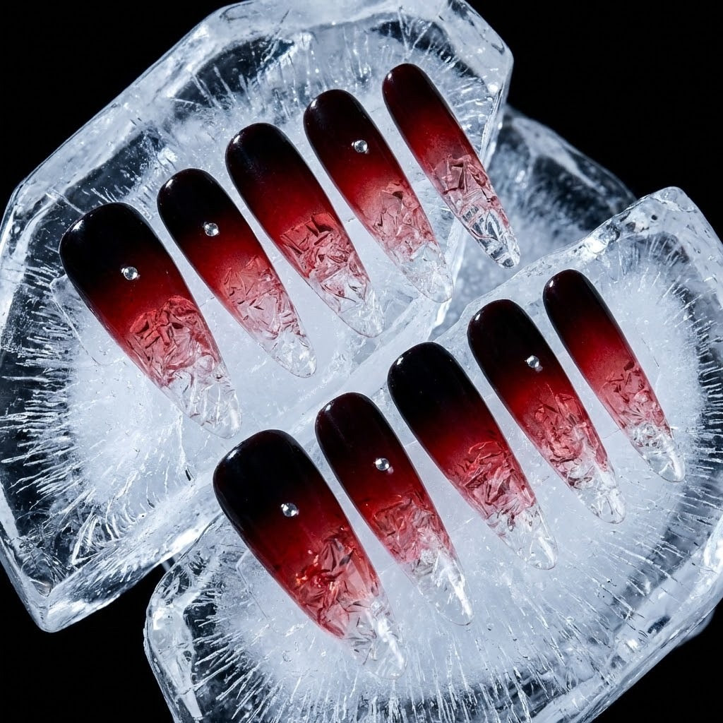 Red Ice Queen migdală lungă-Unghii false lucrate manual